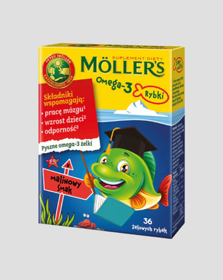 Suplement diety z kwasami Omega-3 Rybki o smaku malinowym  Moller's 36 żelków - 1